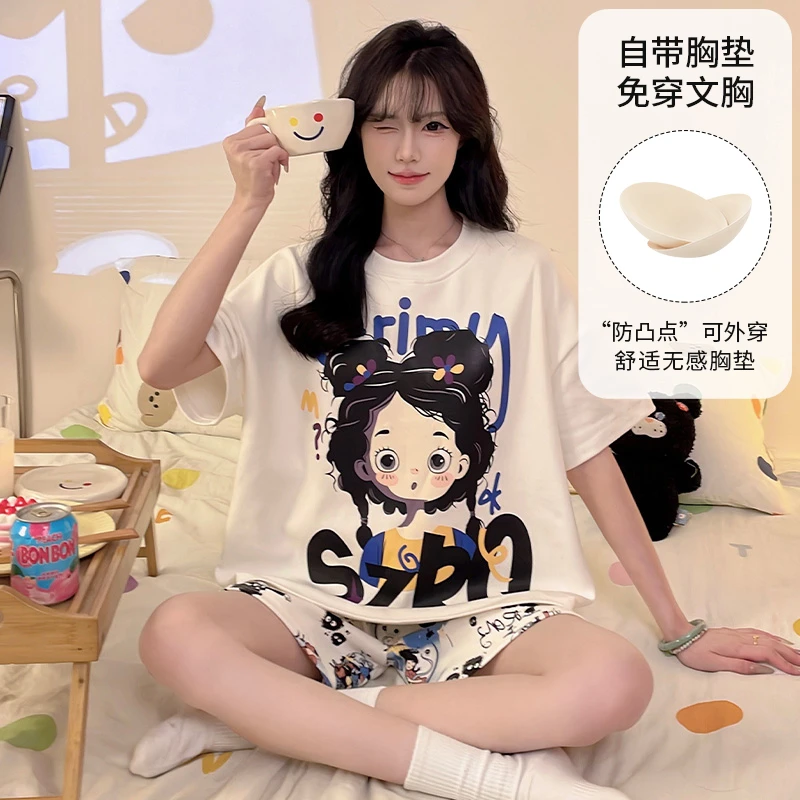 夏季薄款睡衣女士带胸垫短袖短裤爆款可爱宽松甜美卡通家居服套装