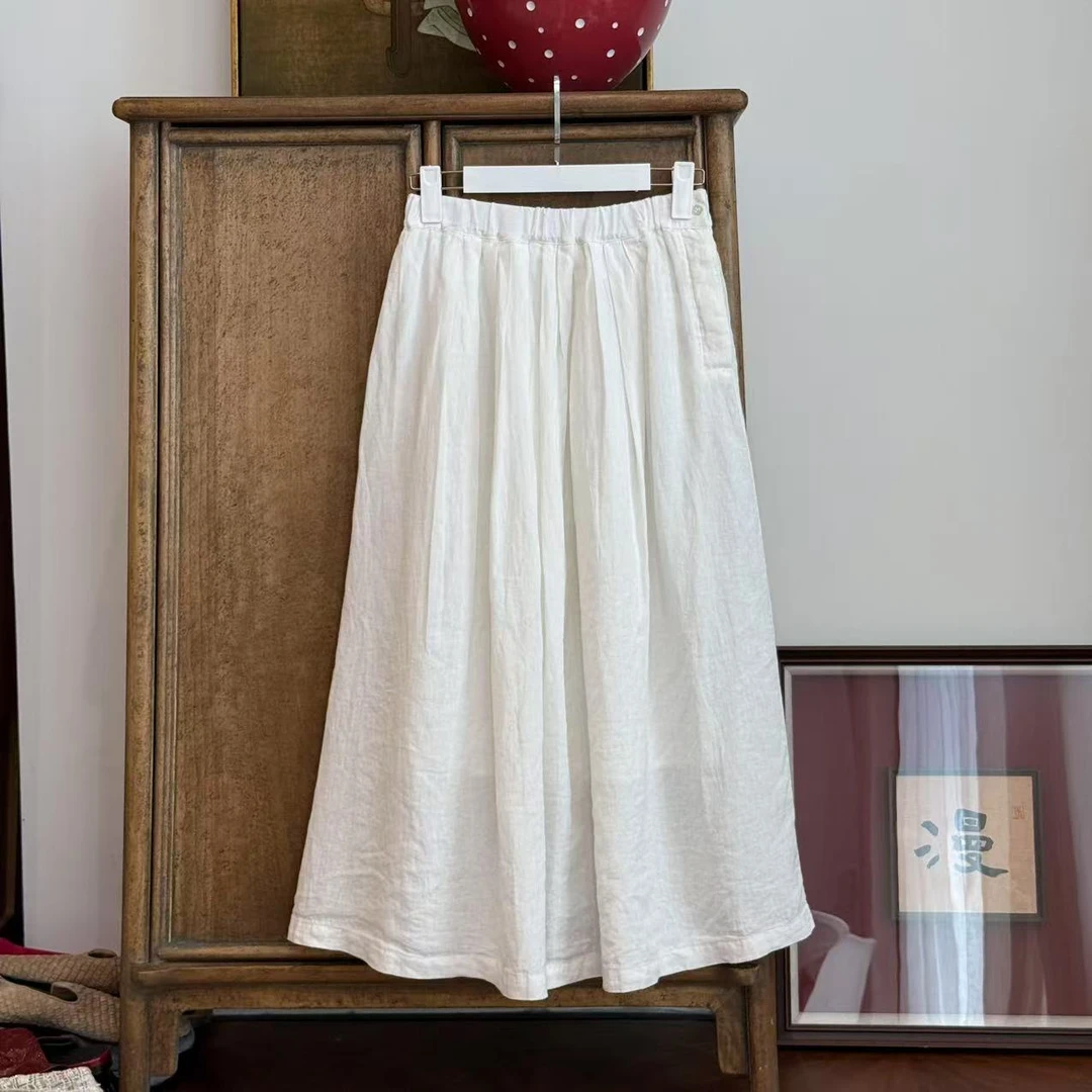 MYL 2025年夏季新款亚麻白色连衣裙侧扣松紧腰大摆裙时尚半身裙