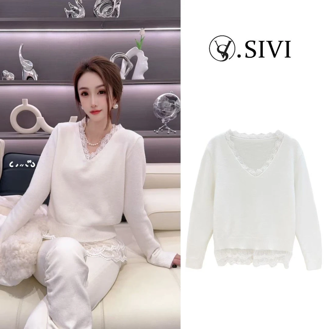气质蕾丝毛衣【月白风清】冬季新款时尚轻奢上衣F6954