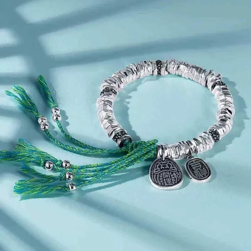 足银手链 51号链接足银999.9招财绿盘缠手链精致爆闪弹力绳手饰