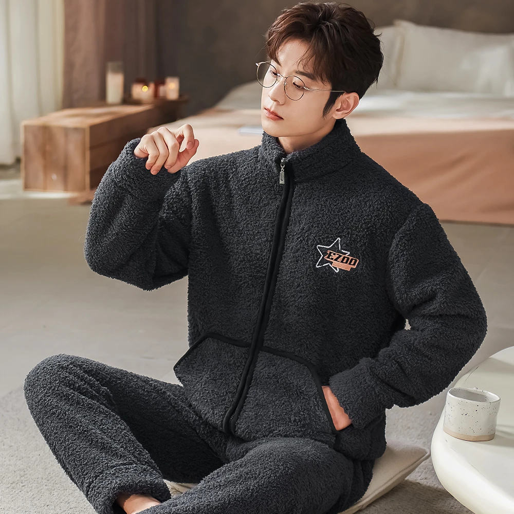睡衣男秋冬加厚加绒法兰绒套装珊瑚绒家居服开衫拉链大码保暖冬装