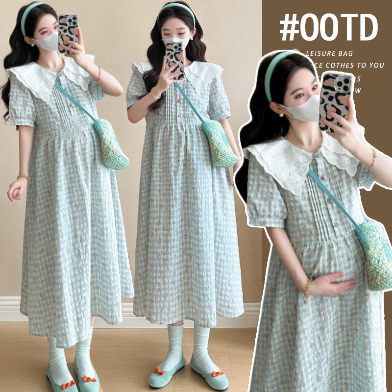 【韩里】温柔风气质格子碎花中长款孕妇连衣裙夏娃娃领开扣百搭裙子