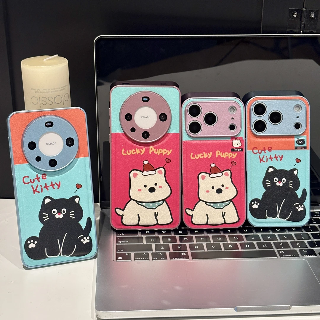 猫咪适用苹果17pro手机壳16pm小众华为p70可爱金属皮纹oppo小米15