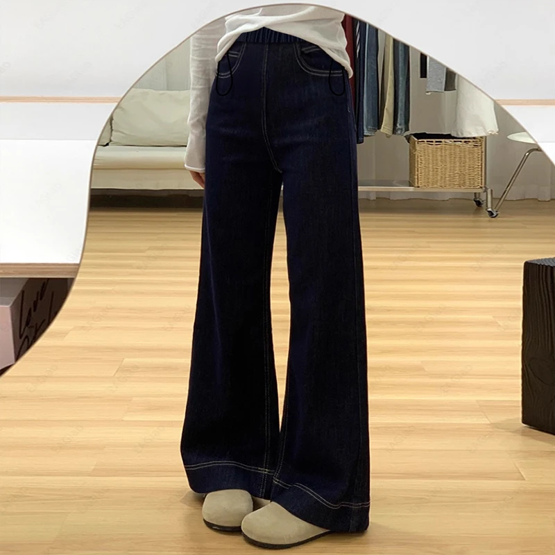 秋季孕妇牛仔裤微弹春季高腰无托腹抽绳丹宁蓝休闲宽松阔腿长裤子