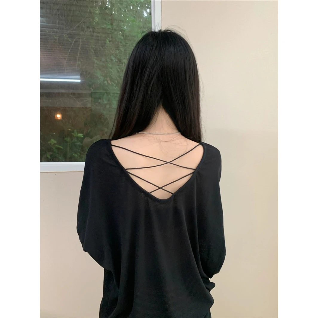 【夏季防晒】薄款透气长袖T恤微透冰丝显瘦宽松黑色罩衫上衣洋气