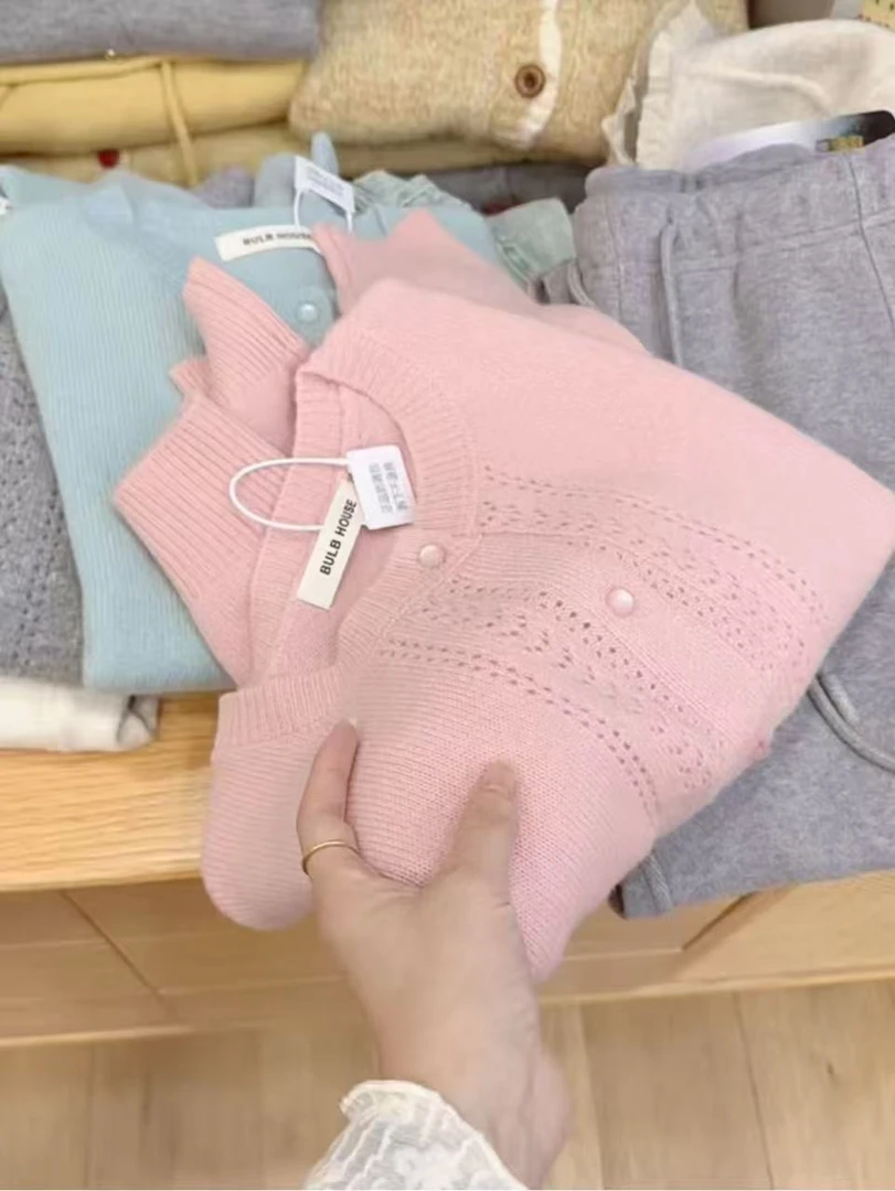 七言家高货100%羊！桃粉镂空钩花软糯毛衣开衫2103@