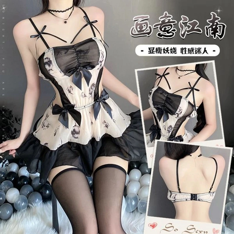 情调内衣性感吊带露背水墨印花抹胸睡裙性感纯欲床上套装约会战袍