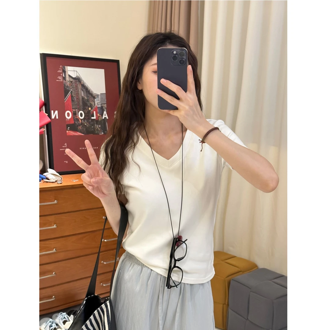 2025夏季V领水柔棉正肩显瘦短袖