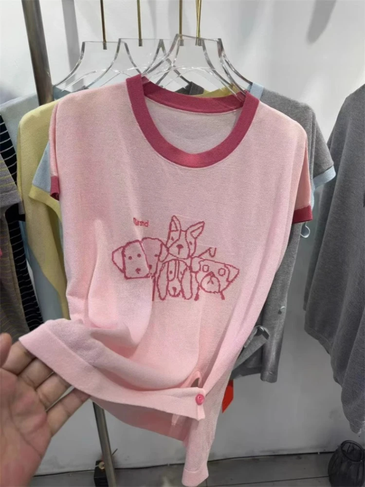 小狗日记短袖刺绣针织衫女夏大码250斤甜美不规则学院风显瘦上衣