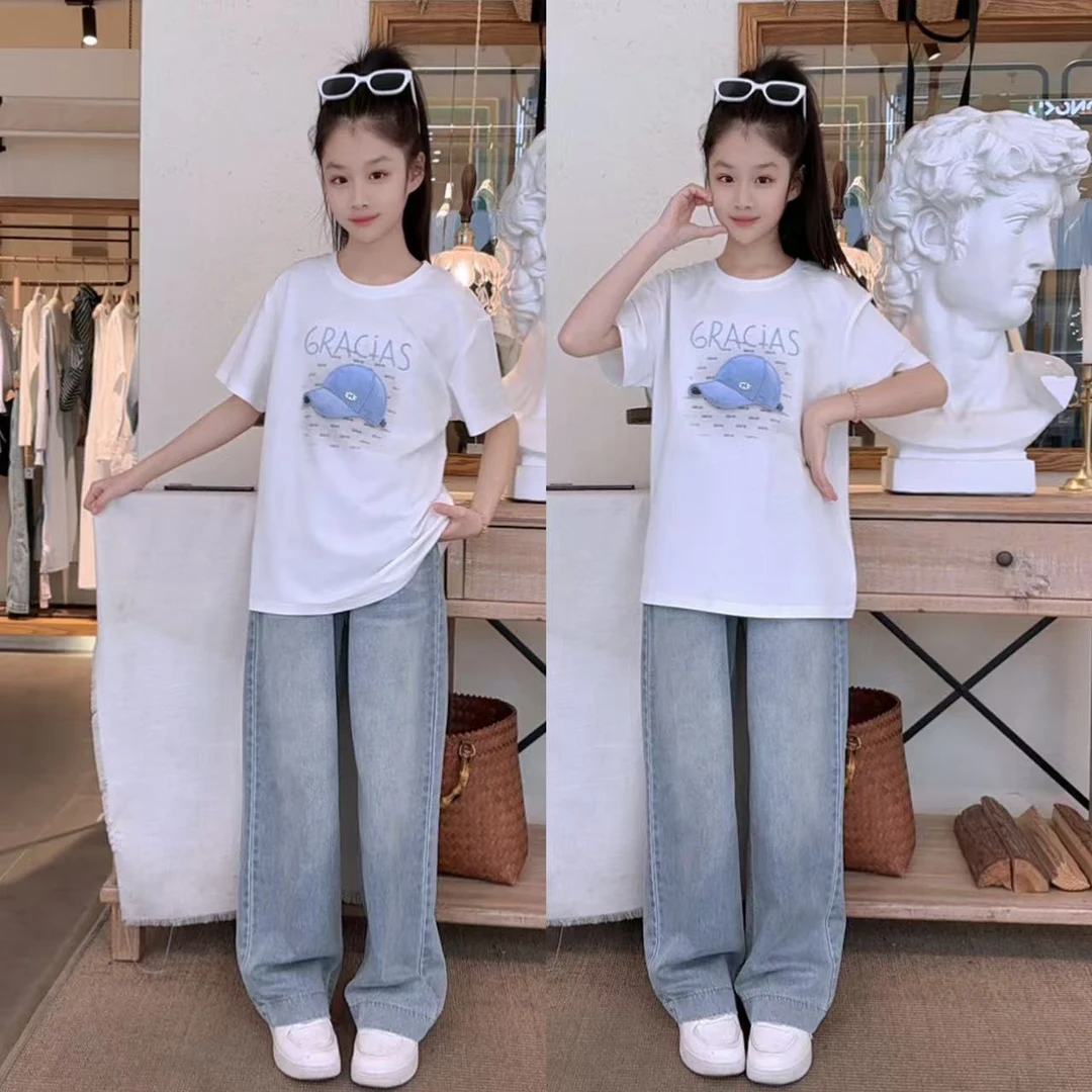 女童套装夏季2025新款儿童洋气时髦短袖T恤中大童夏装韩版两件套