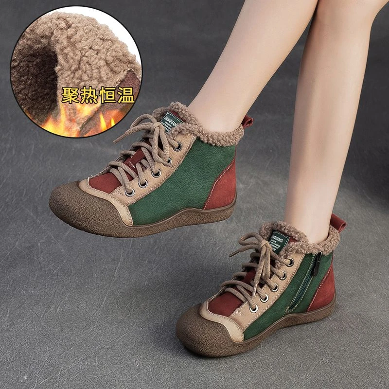 头层牛皮2025冬季拼色洋气高帮休闲女平底软底防滑加绒保暖棉靴