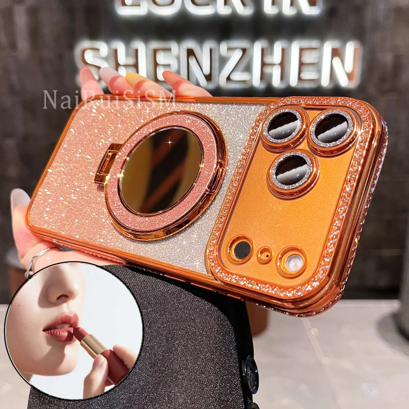 适用苹果17promax手机壳新款16pro闪粉化妆镜支架15pro唯美女款14