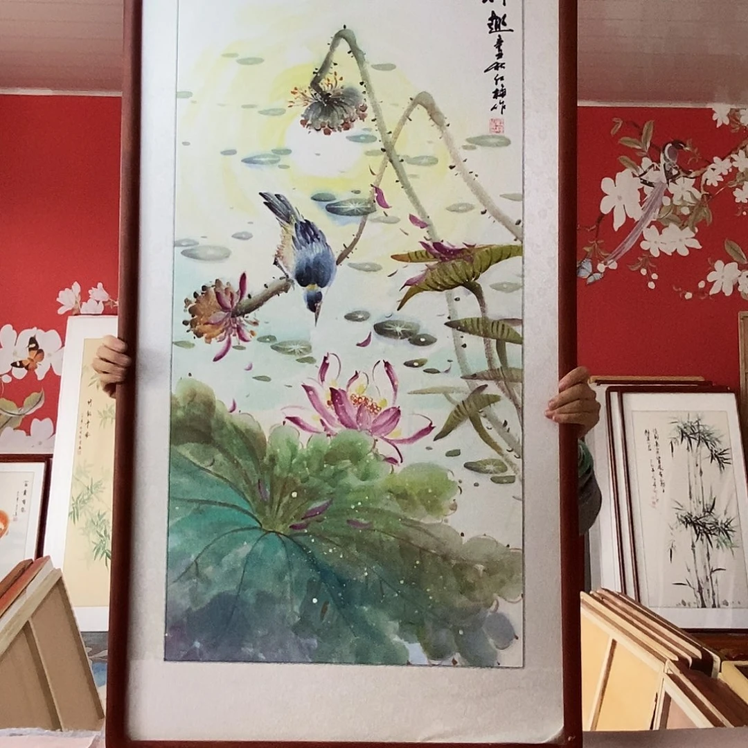 国画手写手绘国画作品带框包邮62✖️122