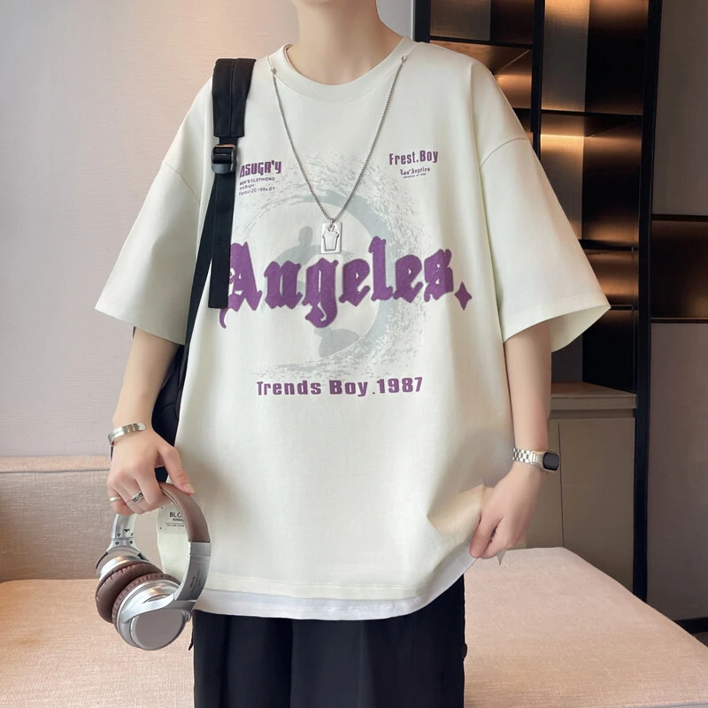 男生夏季新款发泡印花短袖T恤潮流宽松青少年韩版帅气休闲五分袖