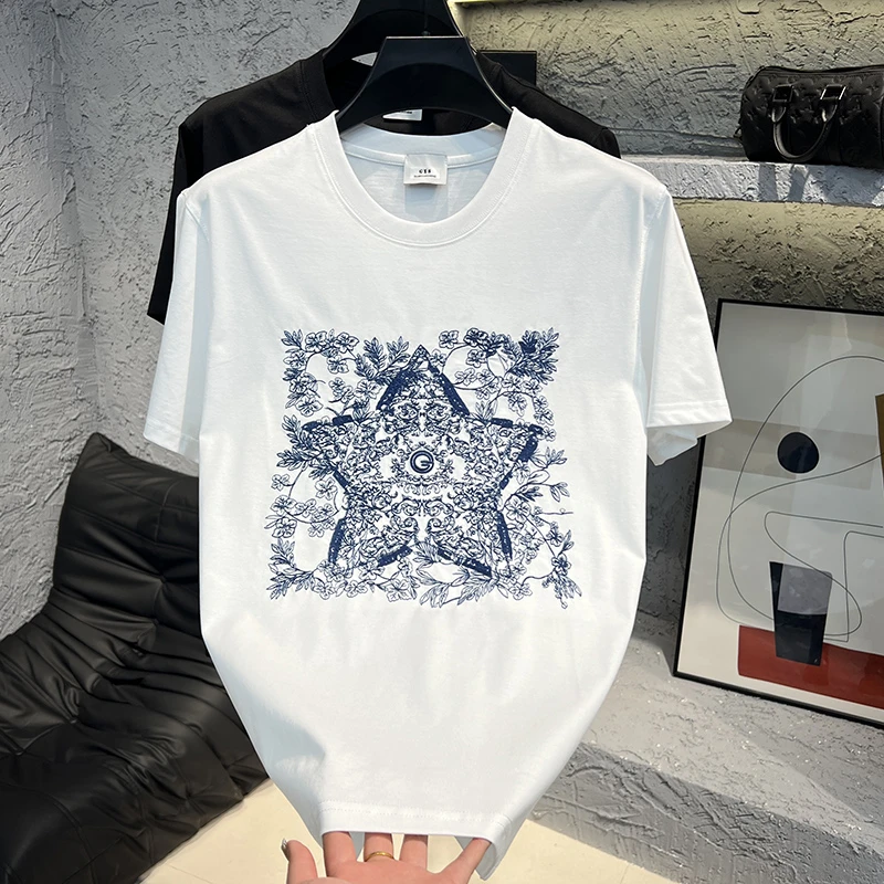 2025夏季男士新款圆领刺绣半袖T恤时尚休闲宽松百搭男装潮流半袖