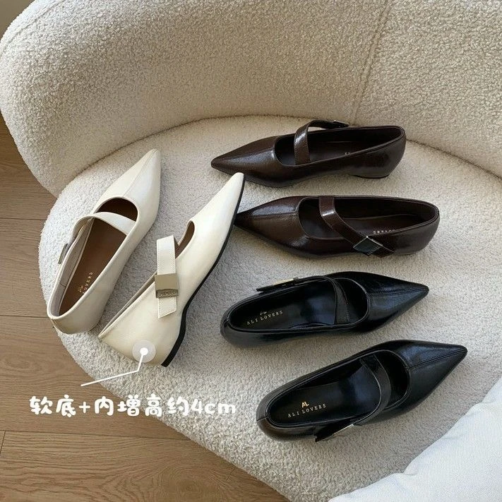 羊皮版！法式尖头一字带玛丽珍鞋内增高小个子通勤气质不累脚单鞋