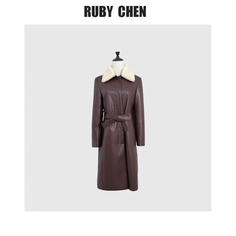 2024秋冬新品时尚气质毛毛领拼接设计感长款风衣皮衣