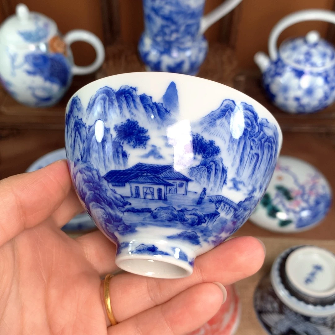 手工手绘山水鸡心杯