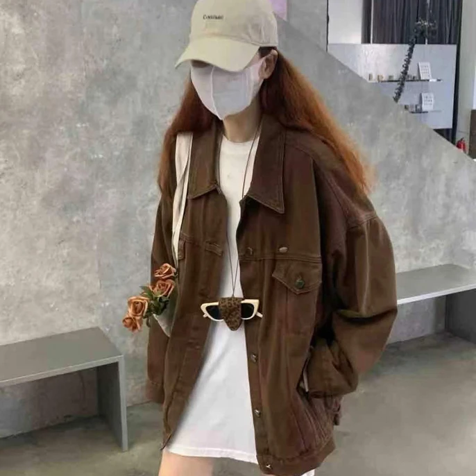 秋装女微胖高级感小废土咖色牛仔外套搭配套装