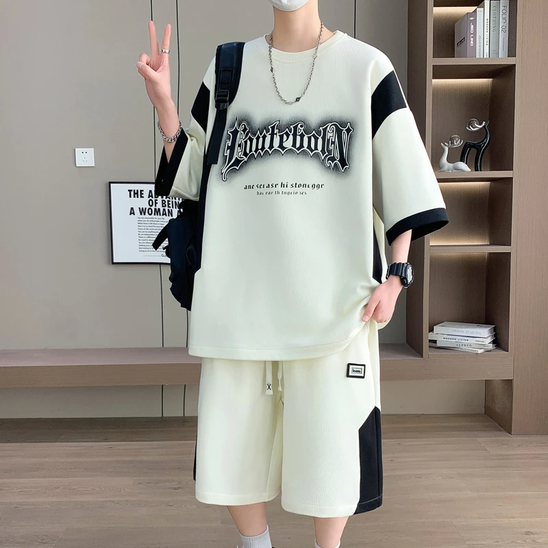 夏季青少年冰感短袖T恤套装男生宽松时尚学生百搭运动休闲两件套