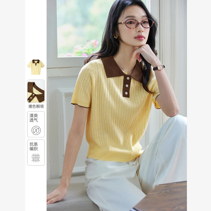 *设计感撞色polo领短袖针织衫T恤2025夏季新款宽松显瘦上衣75022
