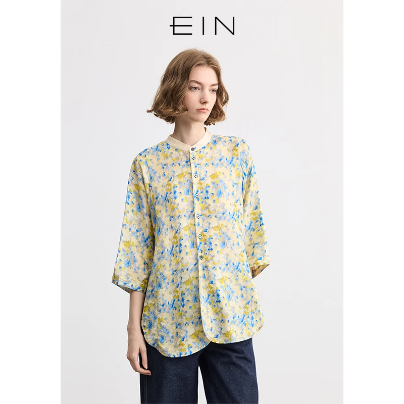 EIN/言【仲夏光蕴】艺术感浪漫剪影印花立领开衩摆七分袖衬衫早春款
