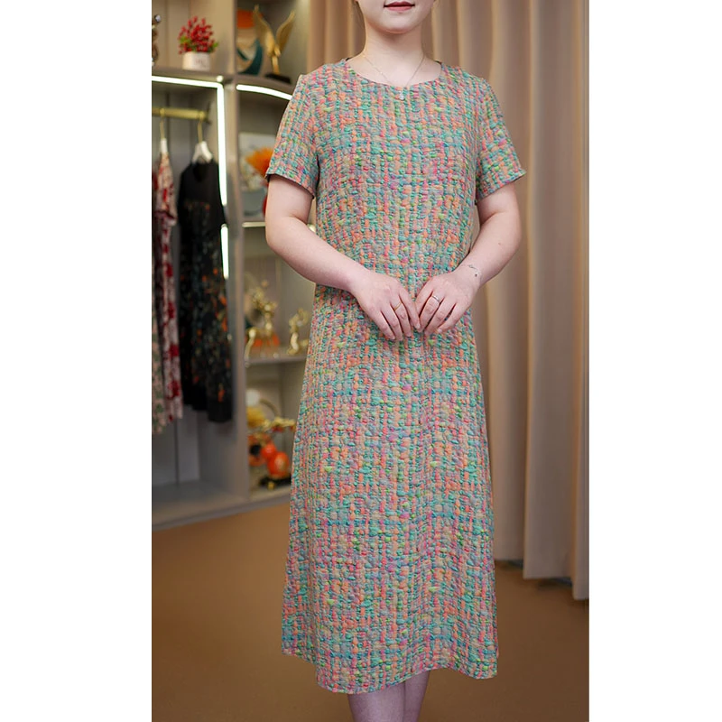 夏季新品圆领彩虹糖亲肤透气短袖休闲连衣裙妈妈装时尚宽松中长款