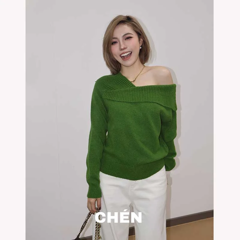 【巴斯克】晨总自制韩版纯欲风通勤纯色显瘦秋冬宽松斜肩毛衣女