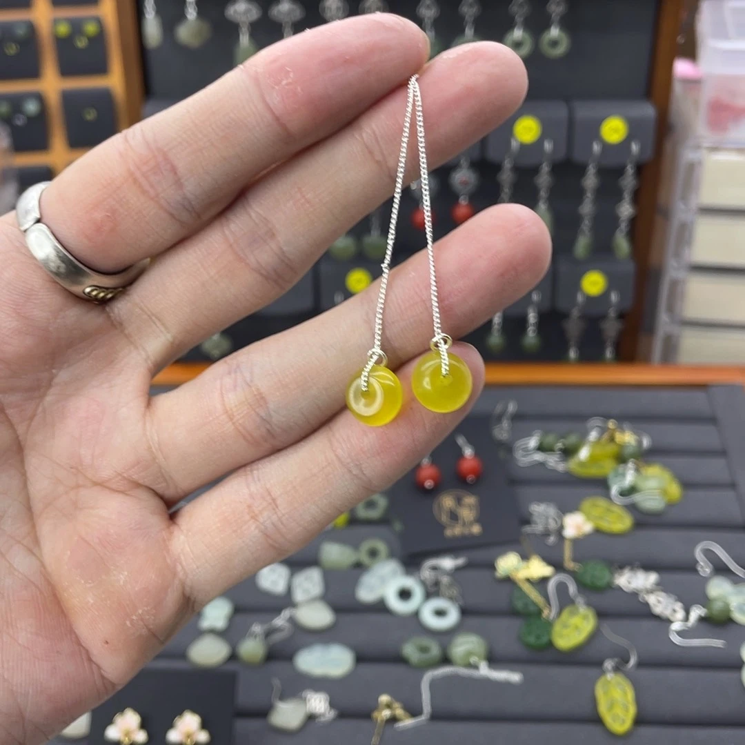 蛇纹石玉耳饰银S925镶嵌