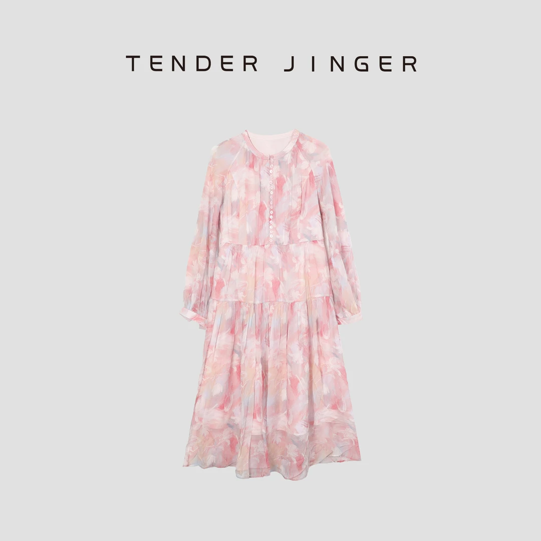 Tender Jinger【专柜】优雅收腰显瘦印花真丝连衣裙T52CAY80743