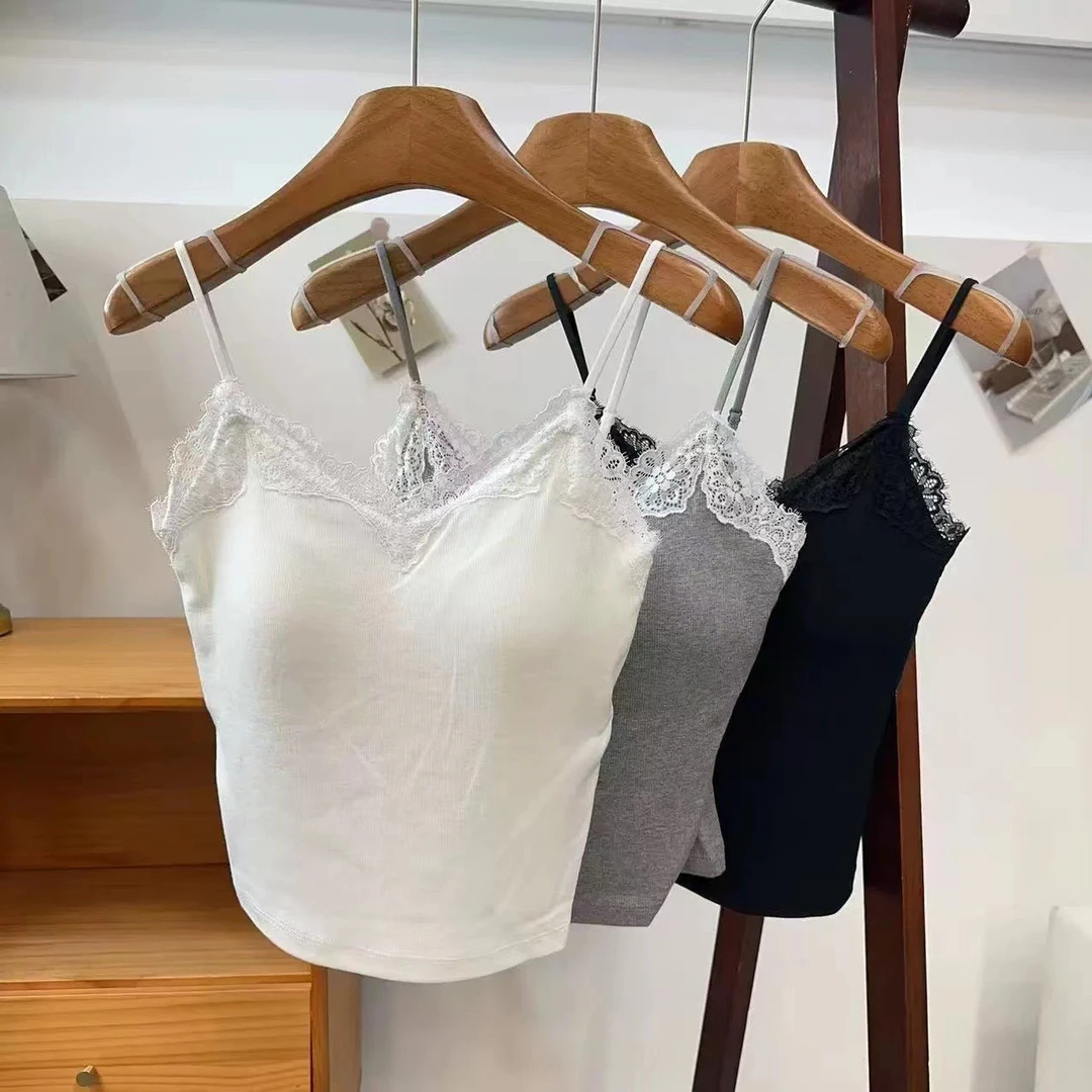 新款睫毛吊带背心蕾丝纯欲性感花边带胸垫打底外穿内搭抹胸美背女