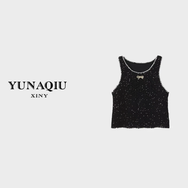 YUNAQIU时尚女士小香风重工亮片款镂空工艺无袖款式小背心-6101