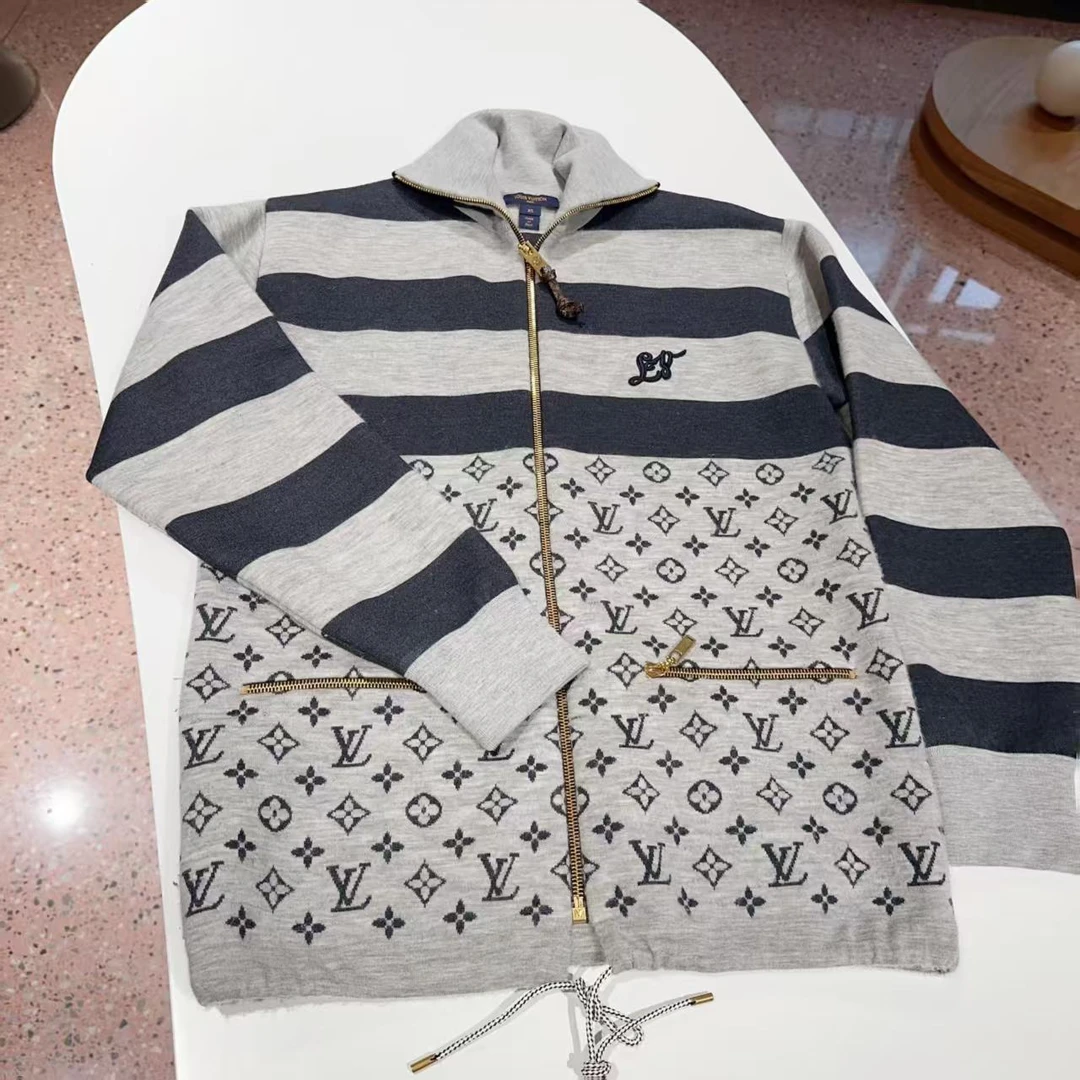 99新 LouisVuitton/路易威登 条纹拼接满印海军领拉链卫衣套装xs