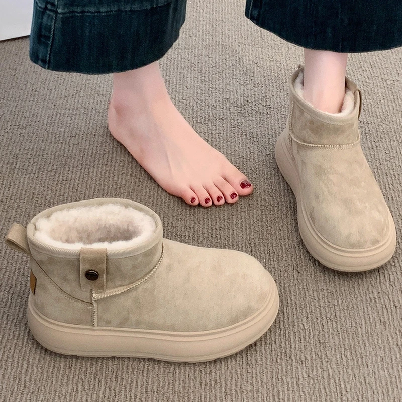 皮毛一体雪地靴女款2025新款冬季加绒短筒靴子加厚底保暖勃肯棉鞋