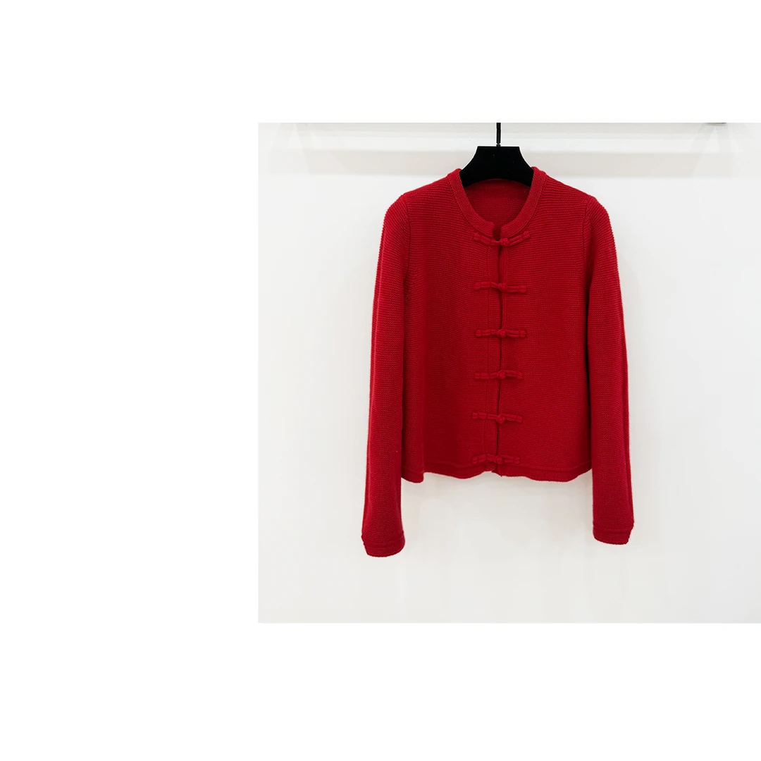 【西西高定】秋冬新中式圆领盘扣开衫红色上衣