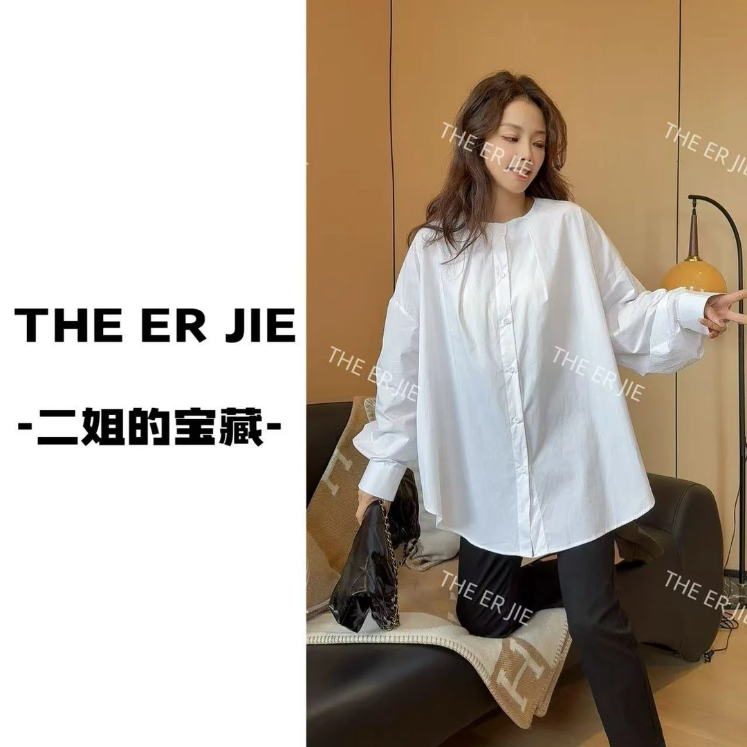 二姐的宝藏设计感棉质衬衫长袖纯色慵懒宽松娃娃衫百搭上衣#25044