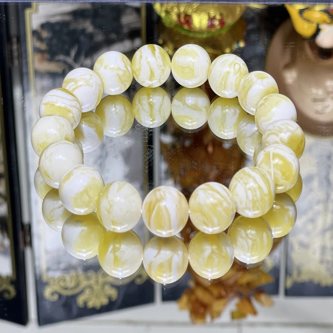 12.5金瓷白溶洞妖花虎皮蜜蜡手串女款气质白色时尚百搭黄色单圈