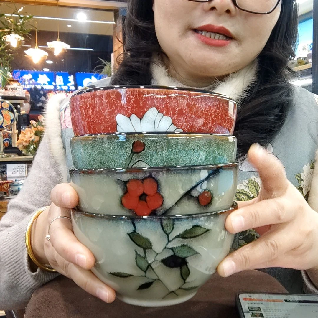 瓷片小可陶瓷高温釉下彩一组四只米饭碗