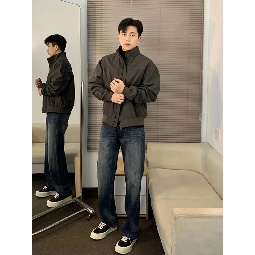 灰色立领正肩外套男款cleanfit教练夹克美式复古短款飞行棒球服