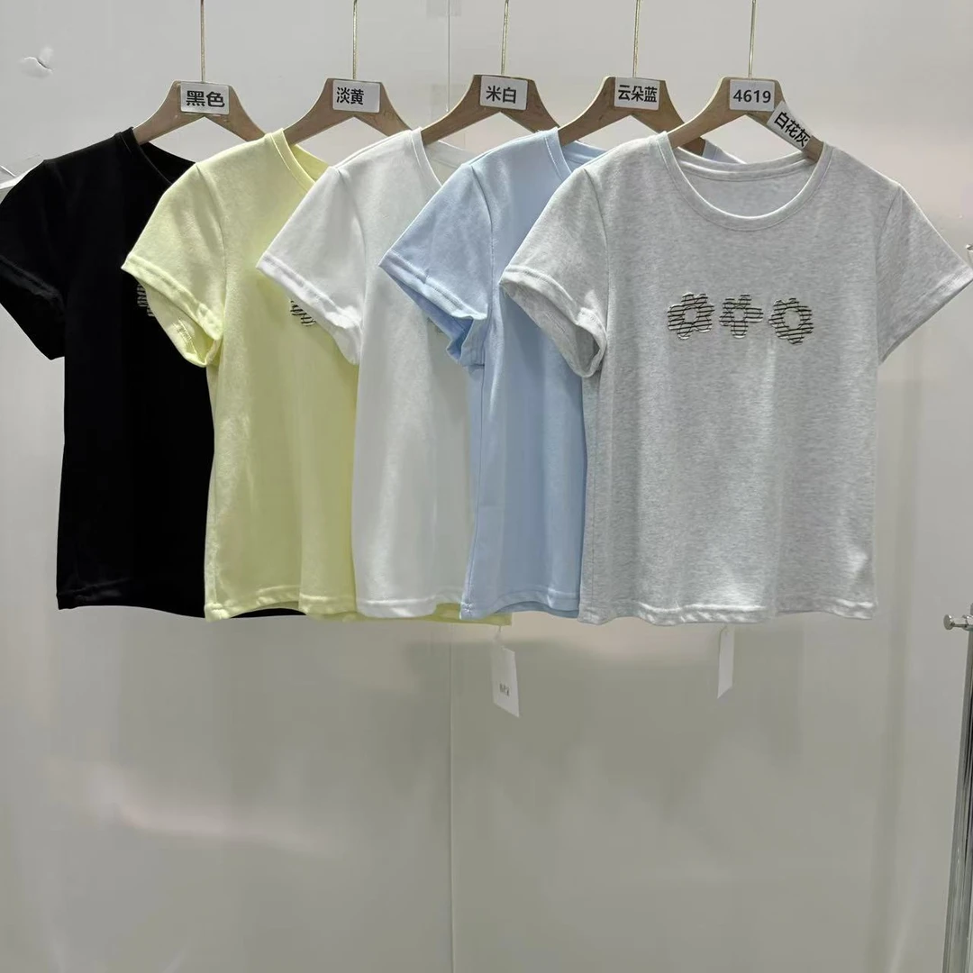4619号80050#韩系圆领百搭贴布绣太阳花休闲短袖T
