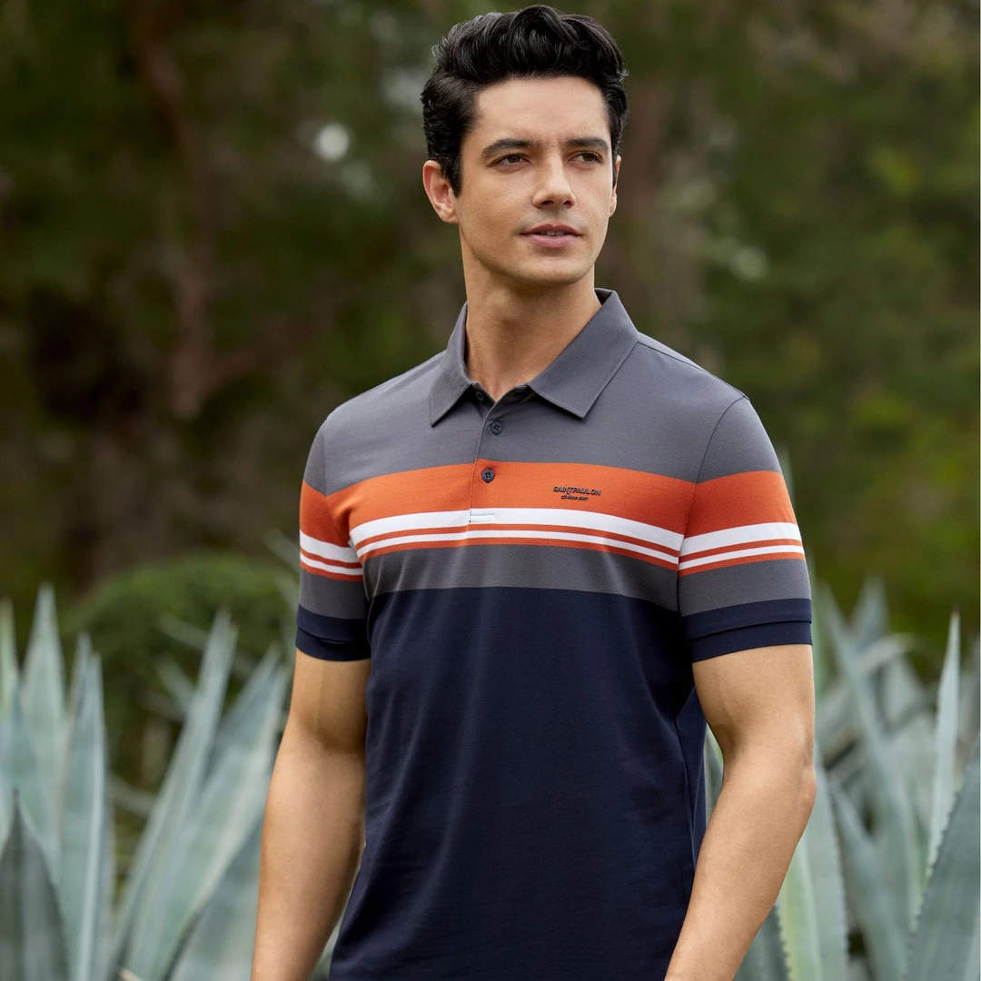 【桑蚕丝+莫代尔】圣宝龙翻领男士短袖商务舒适条纹POLO衫SP123429