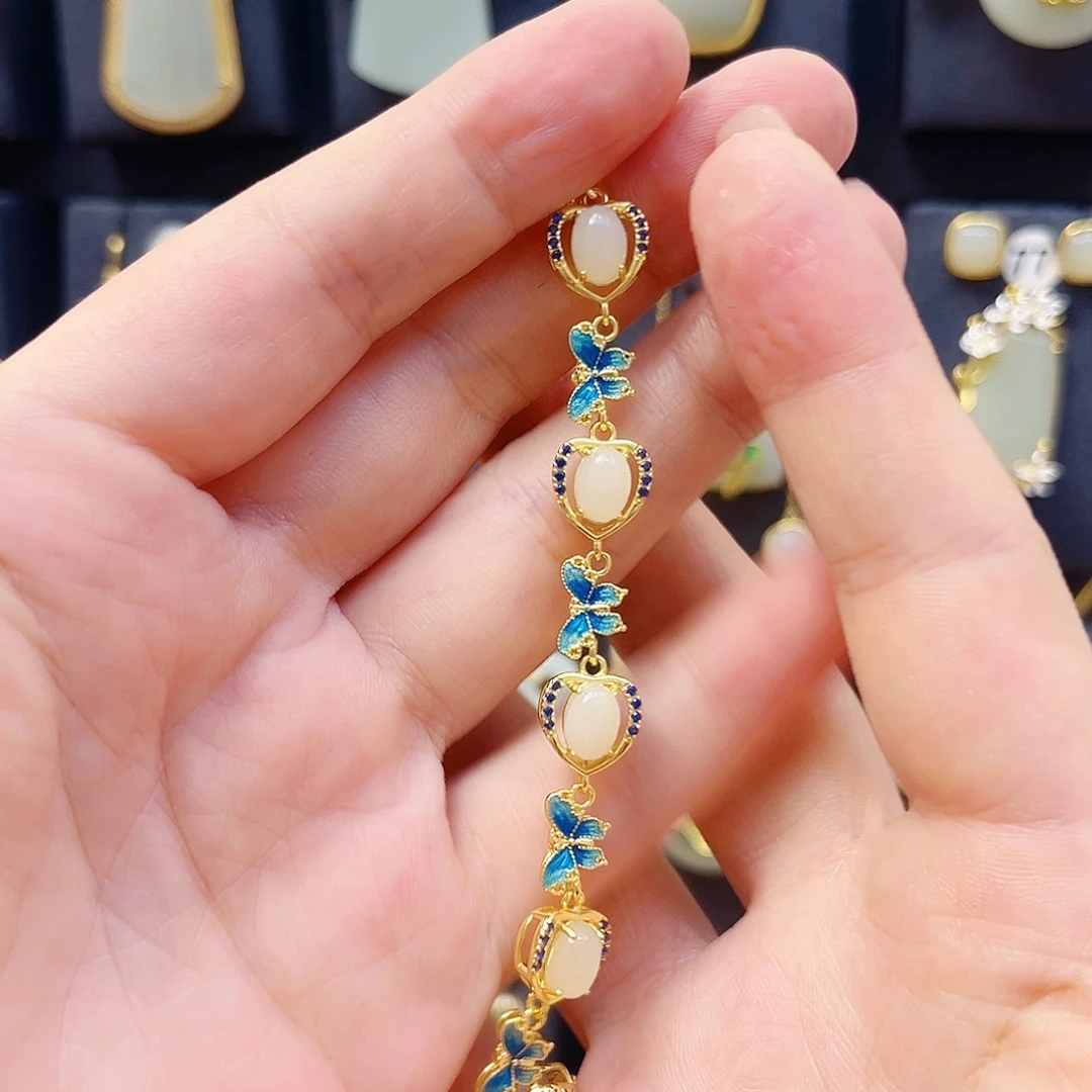 和田玉银S925镀金镶嵌手链