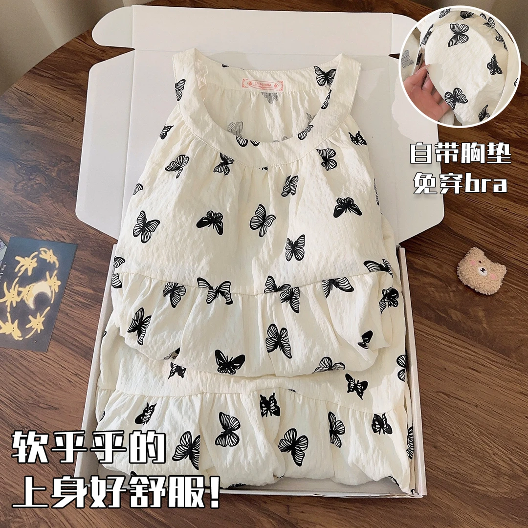 吊带睡衣女夏季天云朵棉甜美风蝴蝶少女小个子睡裙带胸垫家居服薄