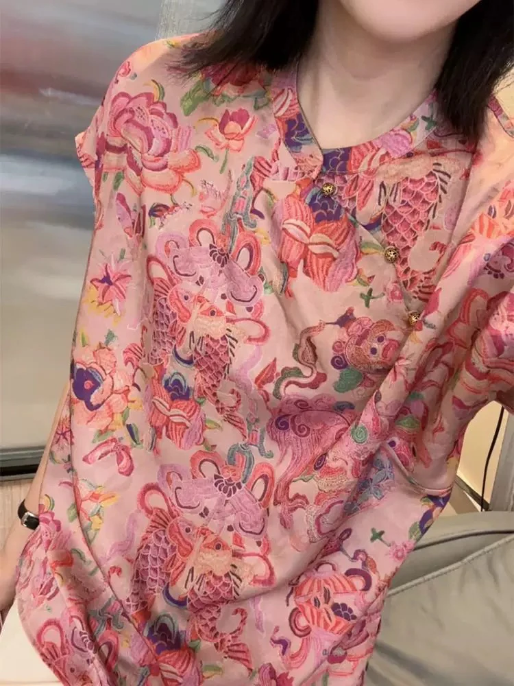 新中式国风碎花短袖衬衫女夏季新款宽松洋气百搭减龄立领上衣衬衣