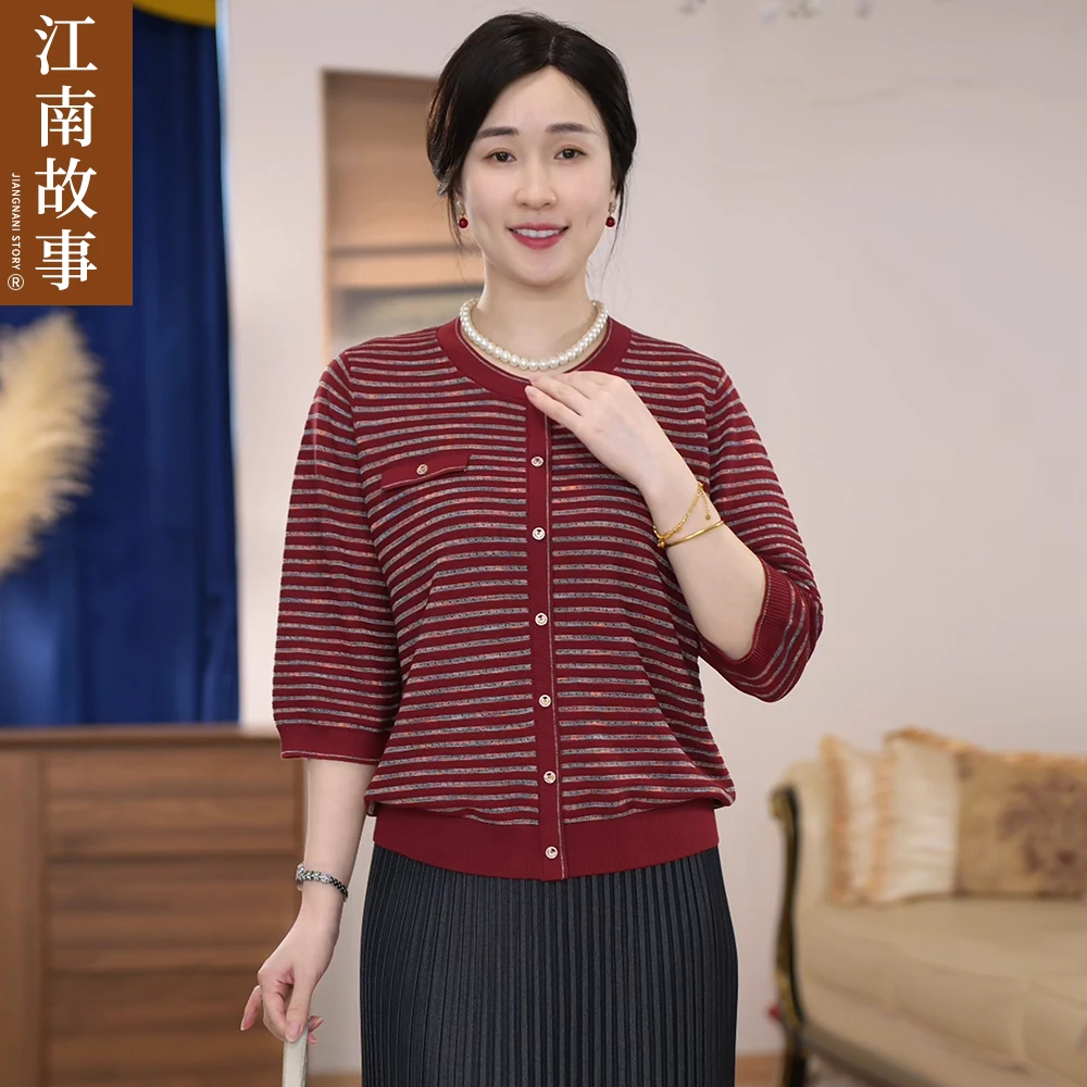 江南故事妈妈装气质洋气红灰条纹上衣圆领中袖宽松春秋时尚针织衫