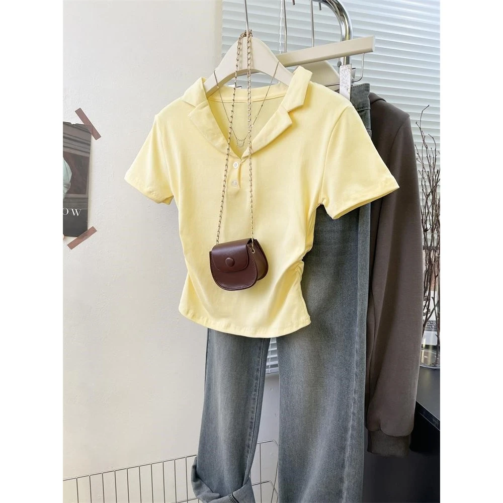 多巴胺Polo领褶皱短袖T恤女修身显瘦2025年夏季新款百搭纯欲上衣
