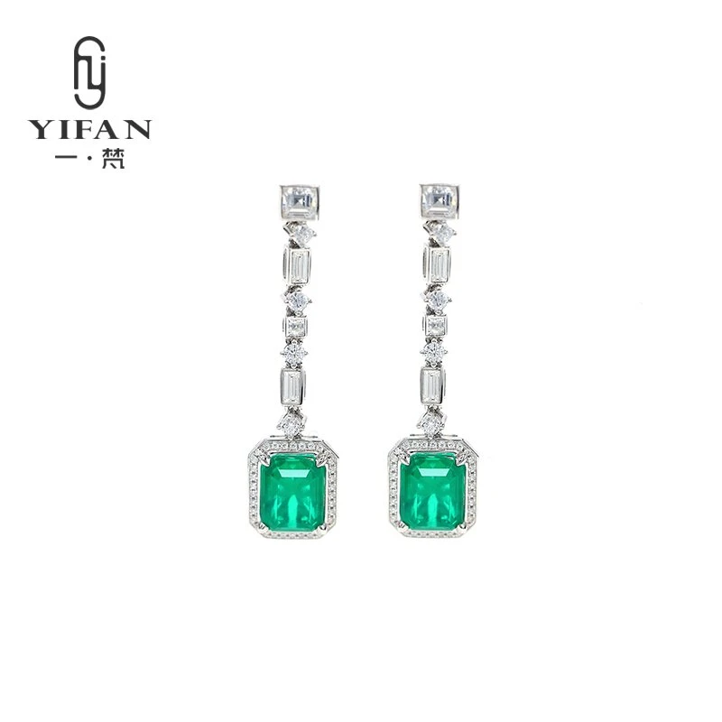 925银合成锆石耳饰 一梵  3117-设计师款流苏绿方形微镶四爪耳环