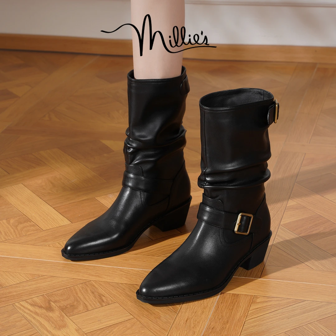 妙丽真皮厚底粗跟搭扣短靴女2025年秋季新款通勤不累脚显瘦堆堆靴
