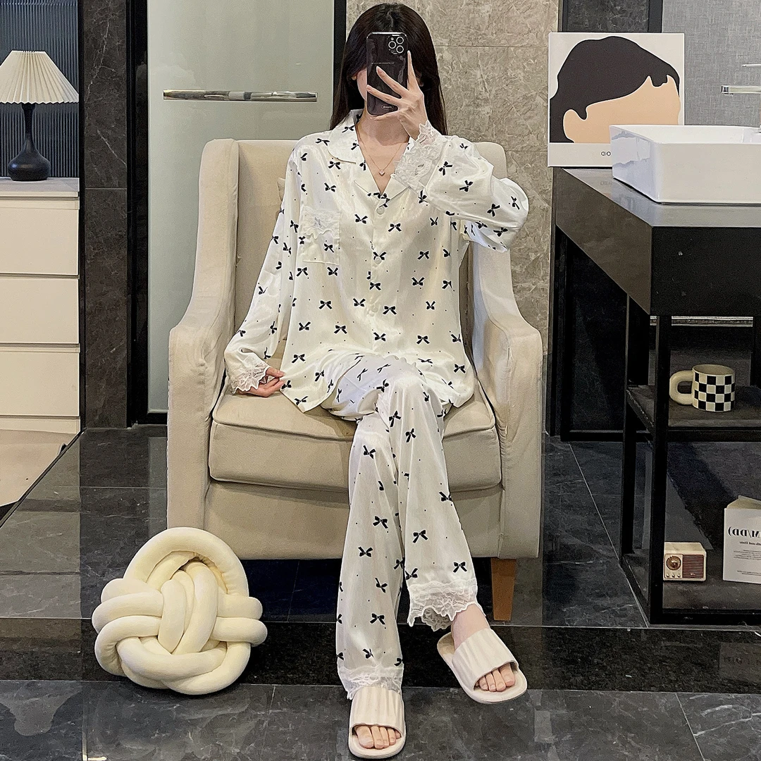 冰丝睡衣女春秋季长袖薄款大码2025新款舒适黑领结套装夏天家居服