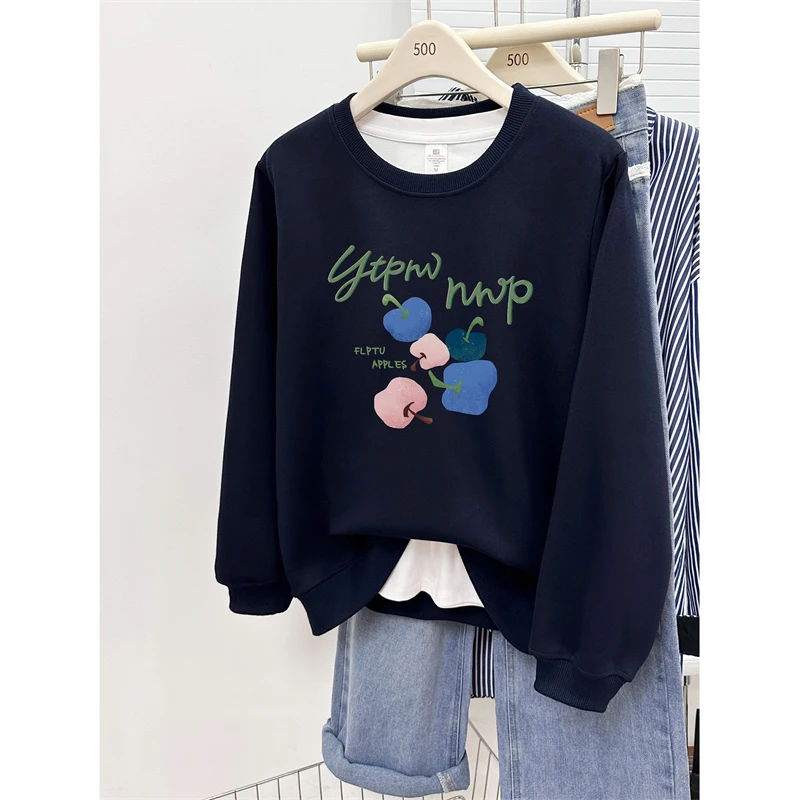 韩版设计感苹果印花圆领正肩卫衣女秋冬新款胖mm宽松大码套头上衣